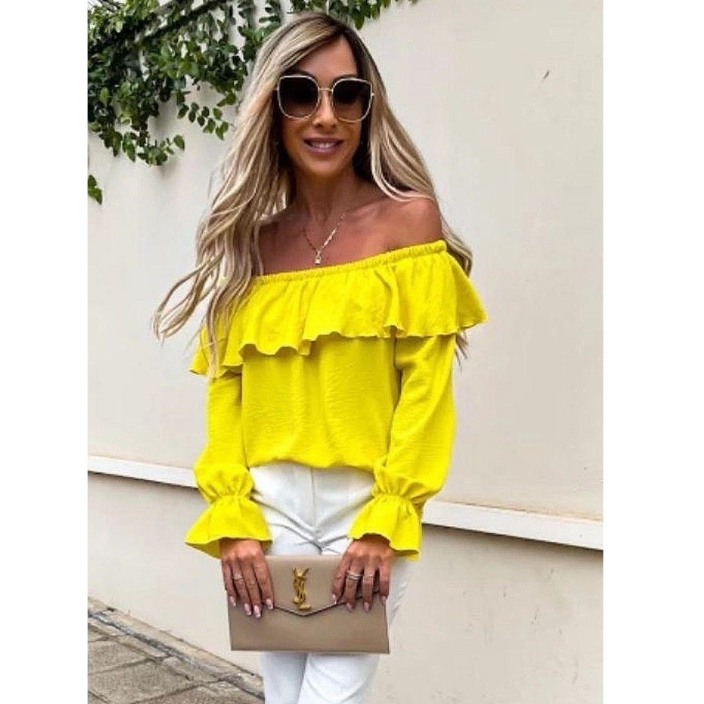 Yellow Long Sleeve Off Shoulder Ruffle Top Blouse - Picture 1 of 10
